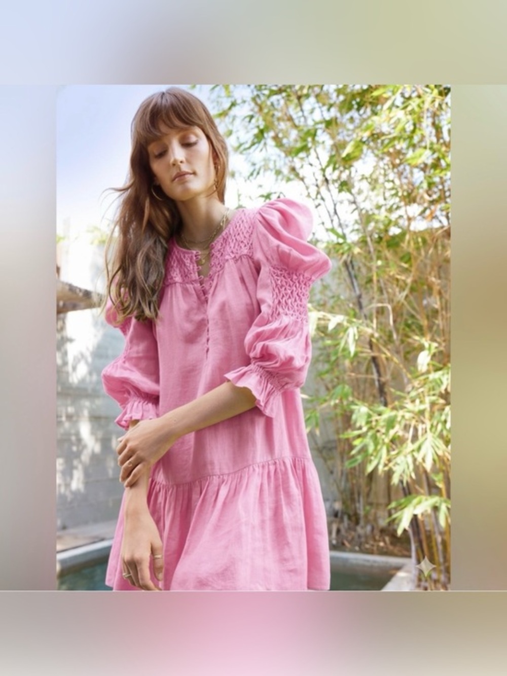 Self Contrast Anthropologie Linen Ysela Mini Dress in Pink Lady Puff Sleeve M